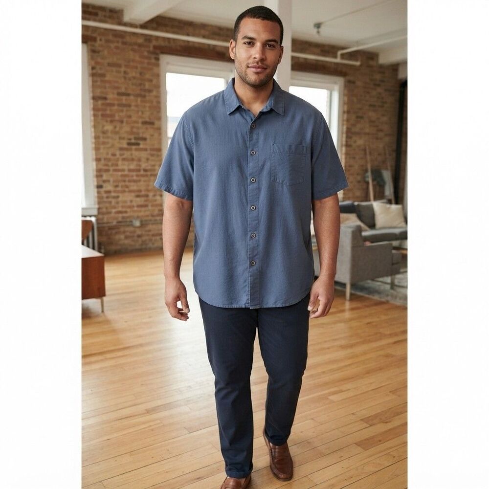 Joseph & Feiss Men's Blue Silk Woven Button-Up Spread Collar Pocket 2XL Dressy